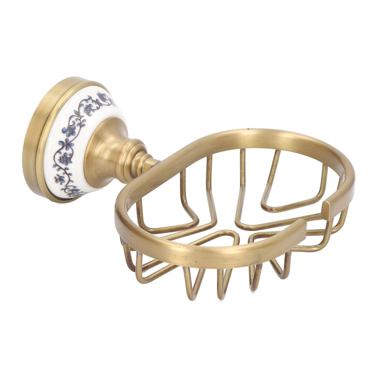 Soap Dish Holder Basket in gold-toned metal with an oval open-wire draining base and a white floral-patterned wall mount