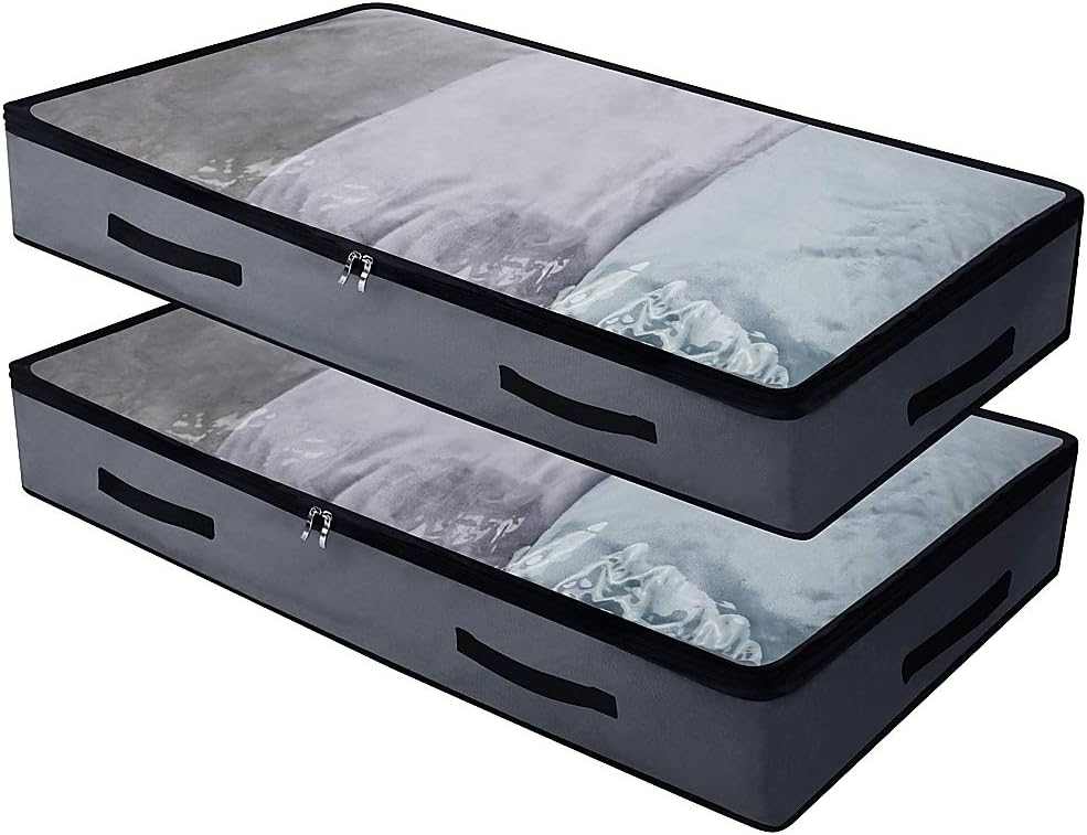 Soft Underbed Storage Containers in dark grey Oxford fabric, with clear lids, three view panels and black handles