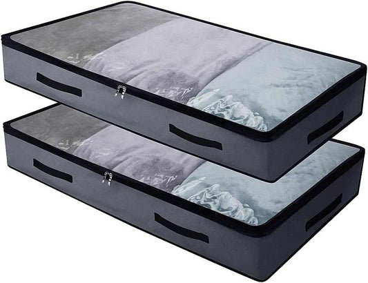 Soft Underbed Storage Containers in dark grey Oxford fabric, with clear lids, three view panels and black handles