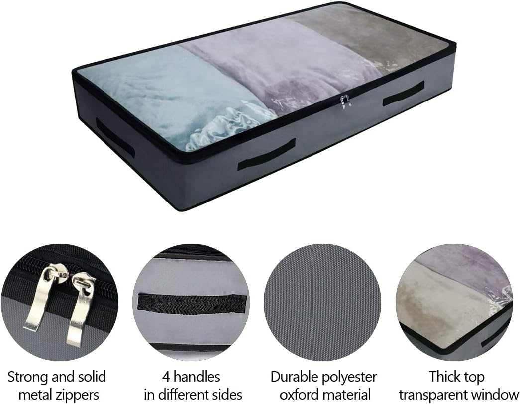 Soft Underbed Storage Containers in dark grey Oxford fabric, with a clear top window, zipper closure and side handles