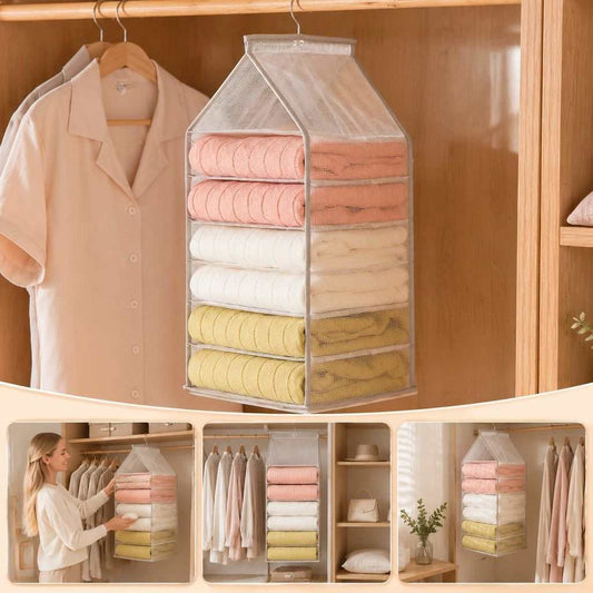 Spacious PVC Vertical Wardrobe organiser in clear PVC with six stacked compartments holding folded clothes in pink, white and yellow