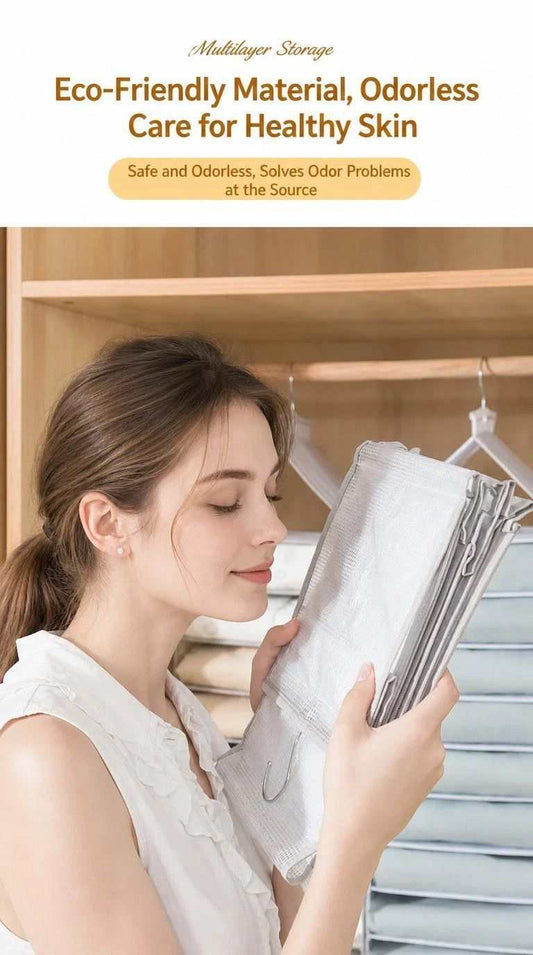 Spacious PVC Vertical Wardrobe organiser in pale grey, with layered hanging compartments and sturdy hooks for clothing storage