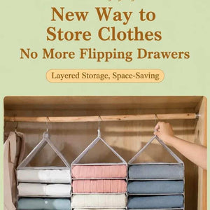 Spacious PVC Vertical Wardrobe with three hanging fabric organizers holding neatly folded clothes in pale neutral, pink, and blue shades