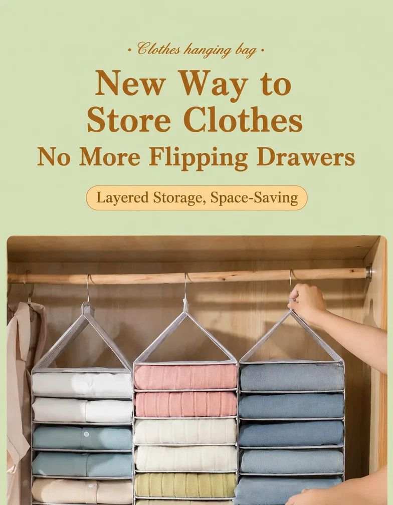 Spacious PVC Vertical Wardrobe with three hanging fabric organizers holding neatly folded clothes in pale neutral, pink, and blue shades