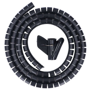 Spiral Cable Wrap in black flexible plastic, shown as a coiled ribbed tube with a separate adhesive cable clip