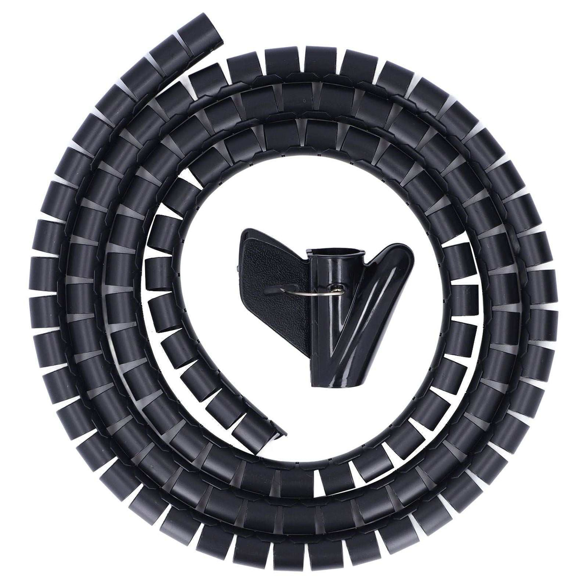 Spiral Cable Wrap in black flexible plastic, shown as a coiled ribbed tube with a separate adhesive cable clip