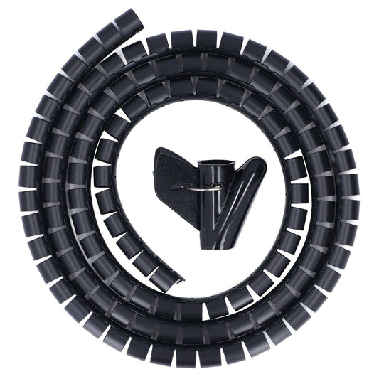 Spiral Cable Wrap in black flexible plastic, shown as a coiled ribbed tube with a separate adhesive cable clip