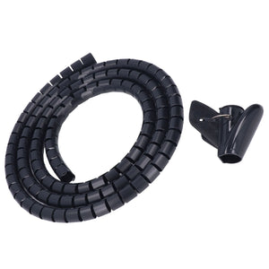 Spiral Cable Wrap in black flexible plastic, coiled with a spiral cut and a separate adhesive cable clip