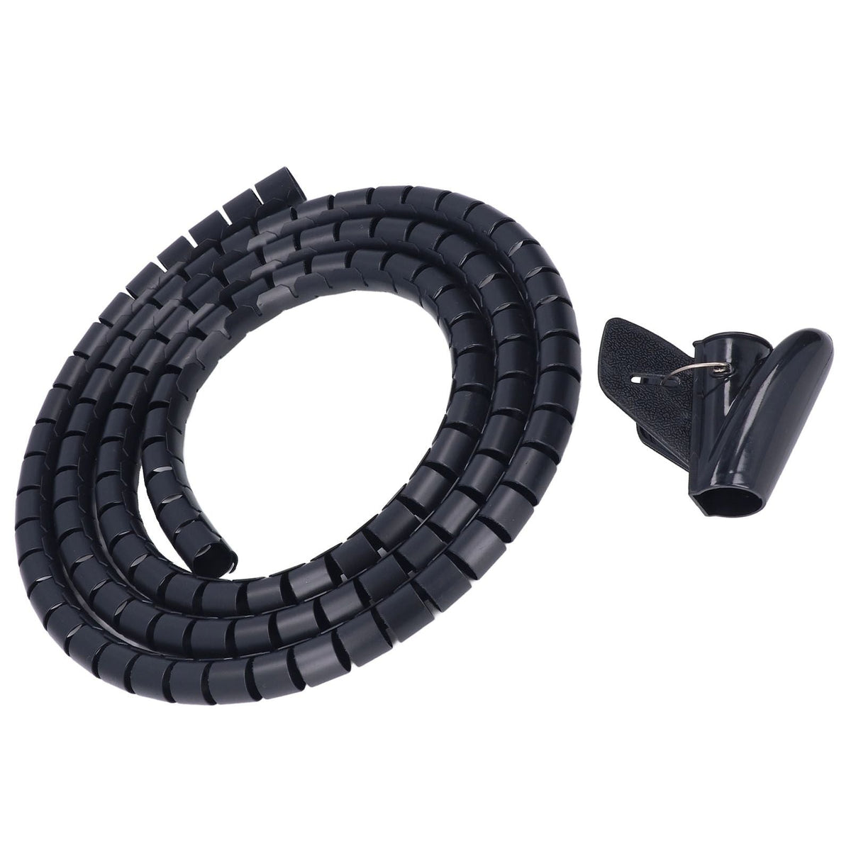 Spiral Cable Wrap in black flexible plastic, coiled with a spiral cut and a separate adhesive cable clip