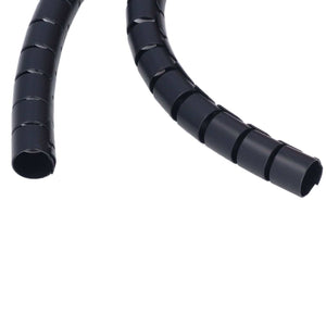 Spiral Cable Wrap in black flexible plastic, featuring a coiled tube design with open ends for bundling wires.