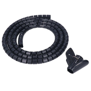 Spiral Cable Wrap in black plastic with a flexible segmented coil design, shown with a matching adhesive cable clip.