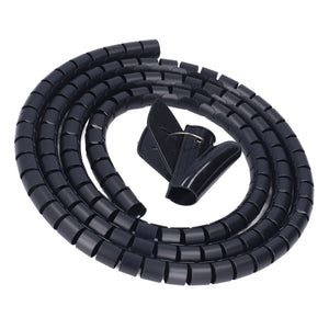Spiral Cable Wrap in black flexible plastic with a segmented coil design, shown with a matching cable clip