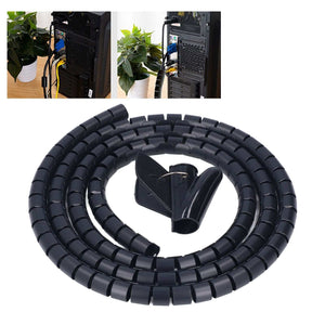 Spiral Cable Wrap in black flexible plastic, coiled with a segmented spiral design and an included adhesive cable clip