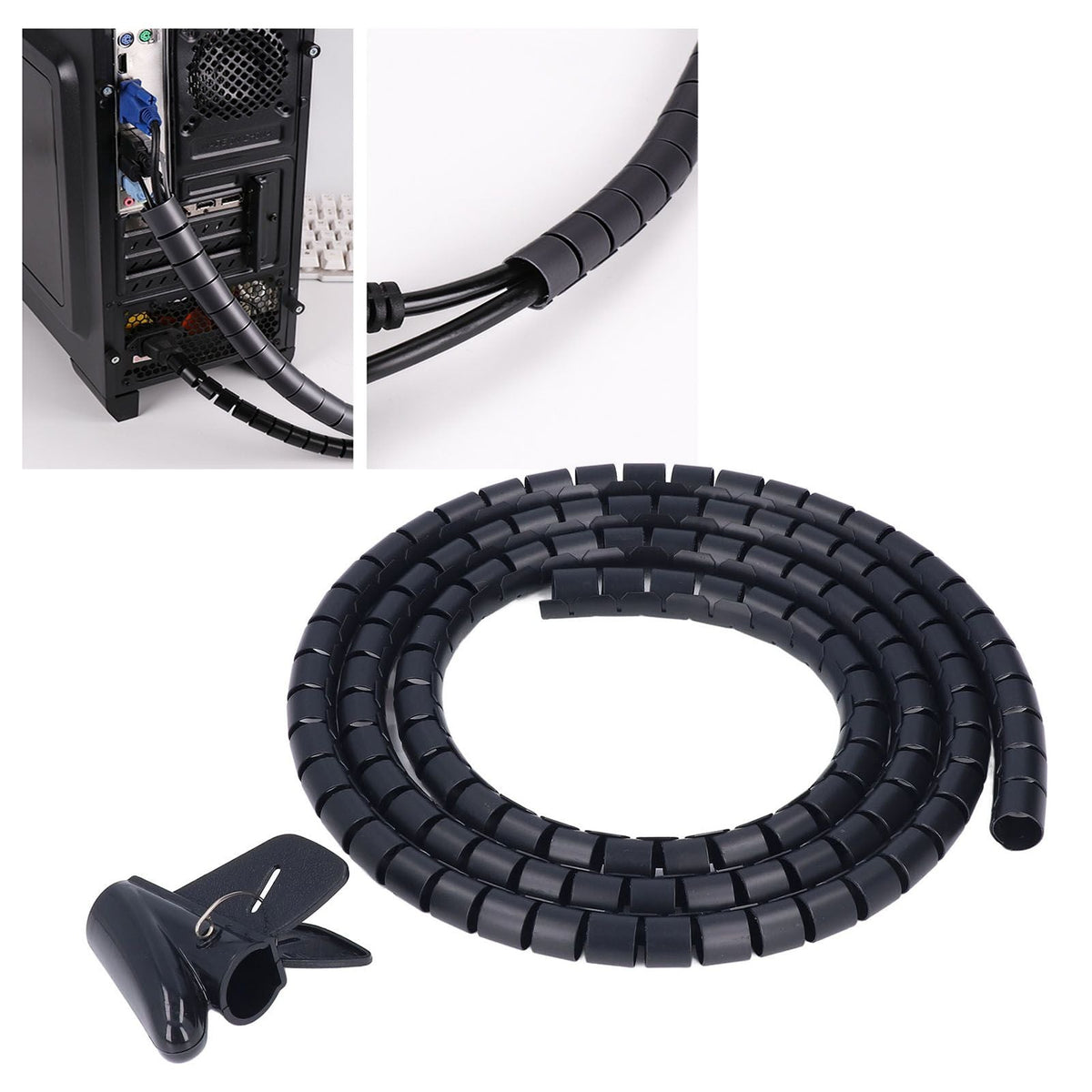 Spiral Cable Wrap in black flexible plastic, shown coiled with an adhesive clip and bundling computer cables
