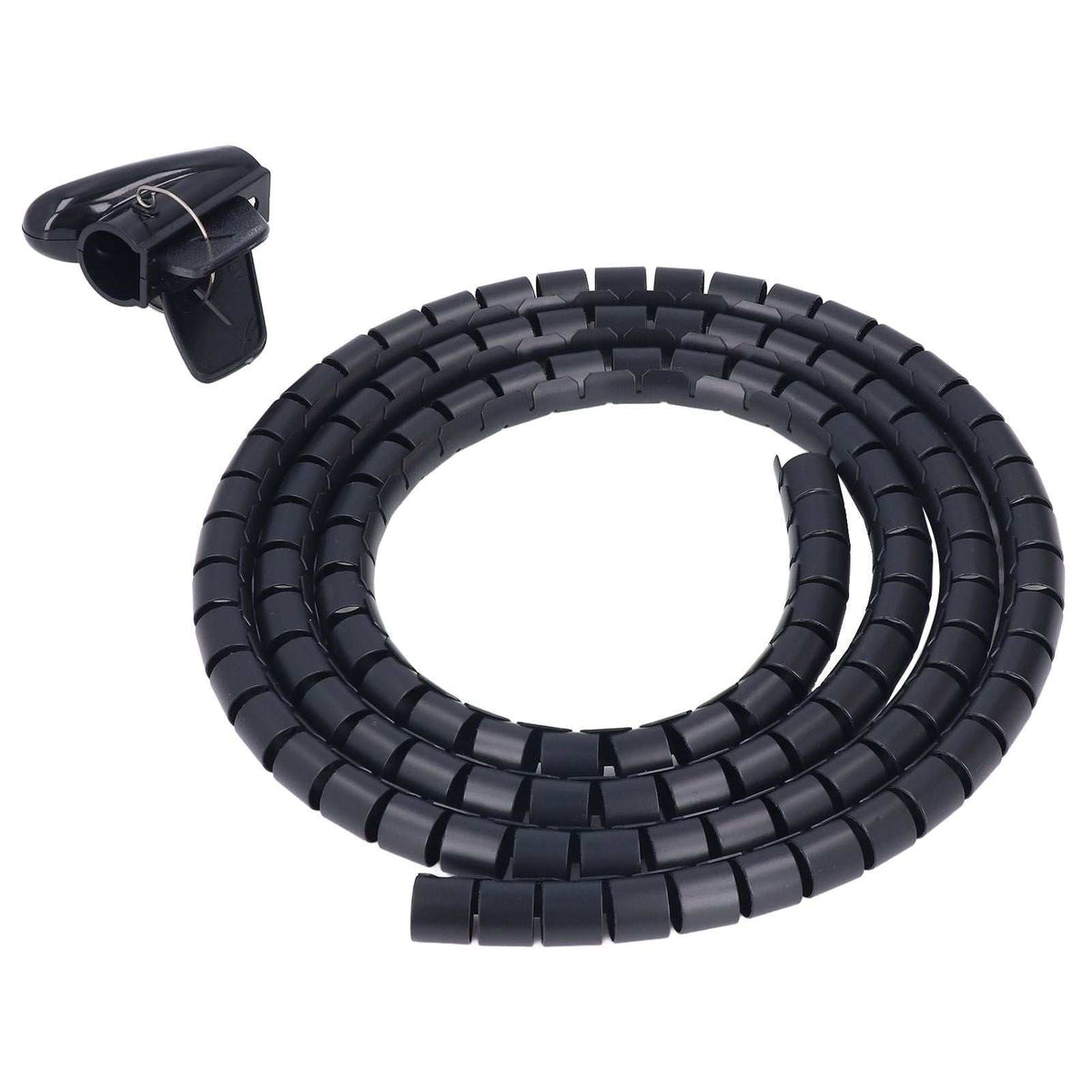 Spiral Cable Wrap in black flexible plastic, coiled with a segmented spiral design and an adhesive cable clip