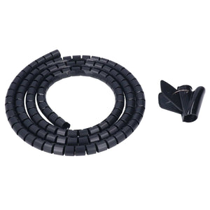 Spiral Cable Wrap in black flexible plastic, coiled beside a matching adhesive cable clip with a segmented spiral design