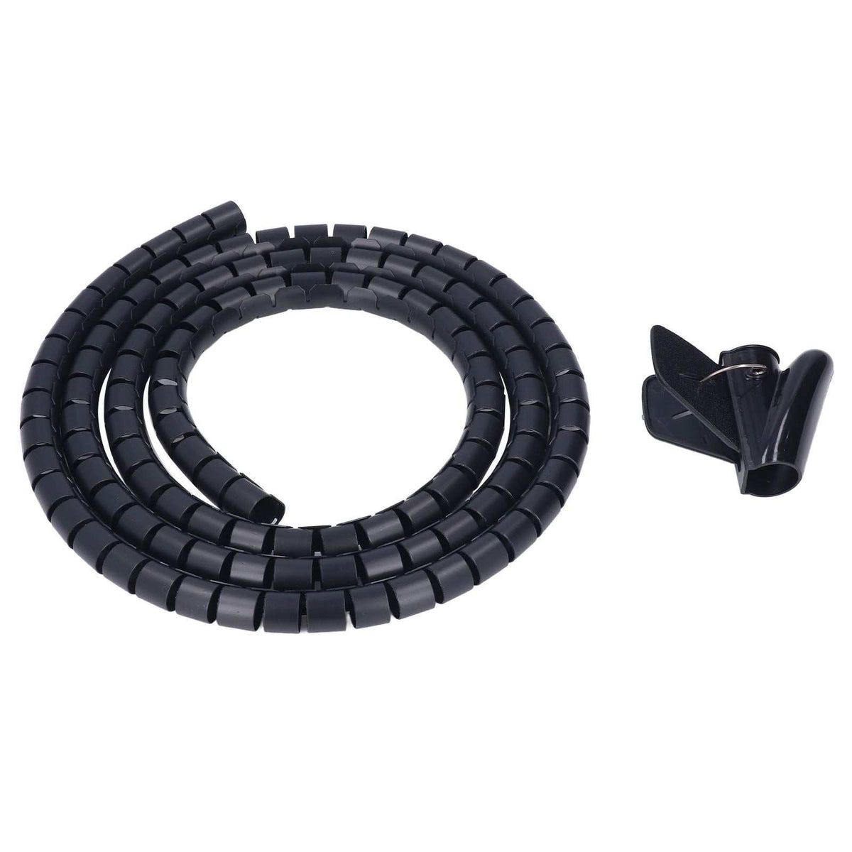 Spiral Cable Wrap in black flexible plastic, coiled beside a matching adhesive cable clip with a segmented spiral design