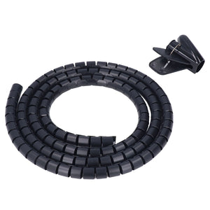 Spiral Cable Wrap in black flexible plastic, coiled into loops with a segmented spiral design and separate clip