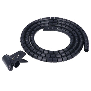 Spiral Cable Wrap made from black plastic, with a flexible ribbed coil and a small adhesive cable clip
