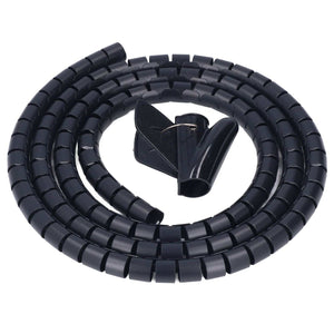 Spiral Cable Wrap in black flexible plastic with a segmented coil design, shown with an adhesive cable clip
