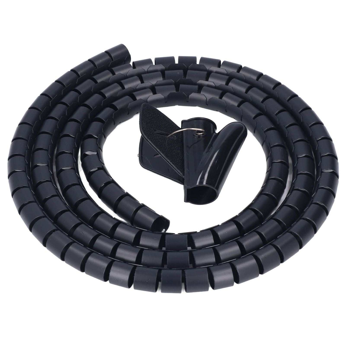 Spiral Cable Wrap in black flexible plastic with a segmented coil design, shown with an adhesive cable clip