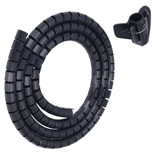 Spiral Cable Wrap in black flexible plastic with a segmented spiral design, shown coiled beside an adhesive cable clip