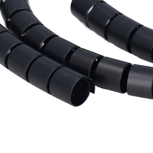 Spiral Cable Wrap in black plastic, formed as a flexible tube with spaced spiral cuts and an open end