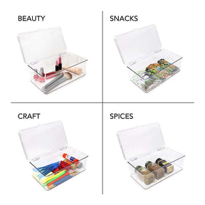 Stackable Organizer Bin Hinged Lid in clear plastic, shown open with a ribbed lid storing beauty items, snacks, craft supplies, and spices