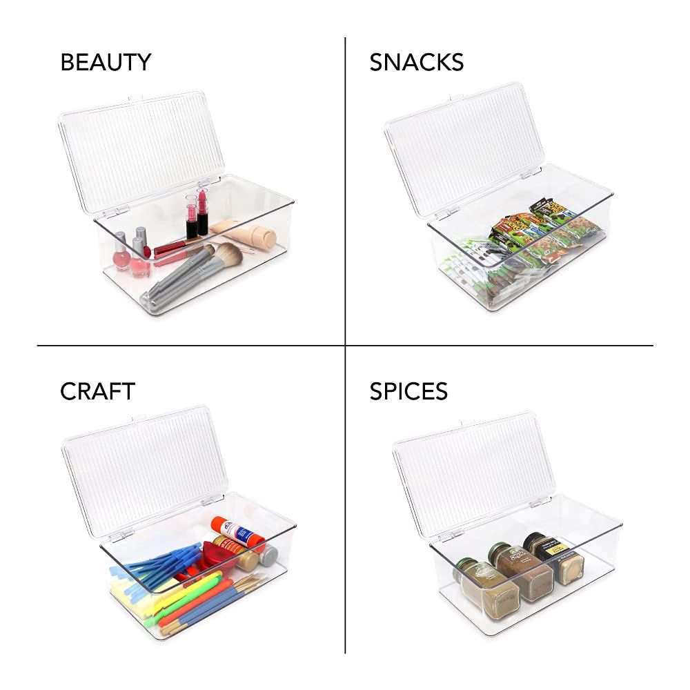 Stackable Organizer Bin Hinged Lid in clear plastic, shown open with a ribbed lid storing beauty items, snacks, craft supplies, and spices