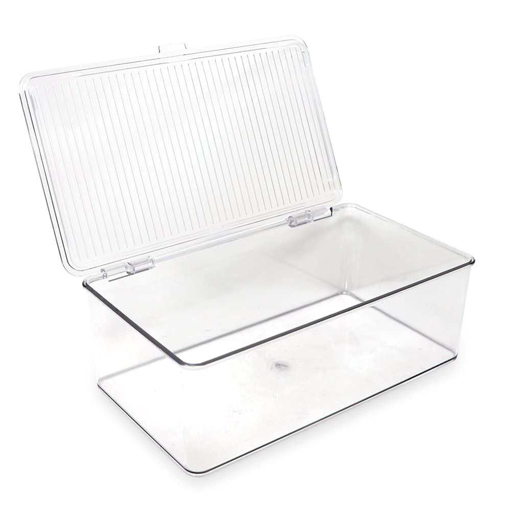 Stackable Organizer Bin Hinged Lid in clear plastic, rectangular with a ribbed hinged lid and front-edge rim