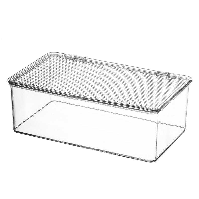 Stackable Organizer Bin Hinged Lid in clear plastic, rectangular with a ridged transparent lid and front tab