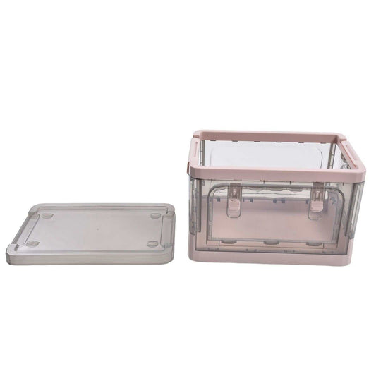 Stackable Storage Bin in clear pink-tinted plastic with a pink rim, transparent panels and a separate matching lid