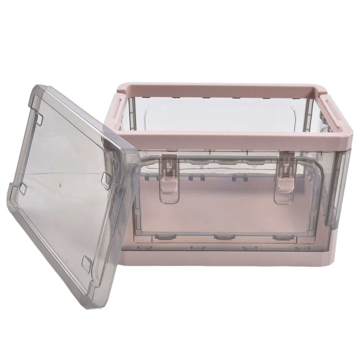 Stackable Storage Bin in pink polypropylene with a clear body, open top and hinged transparent side door