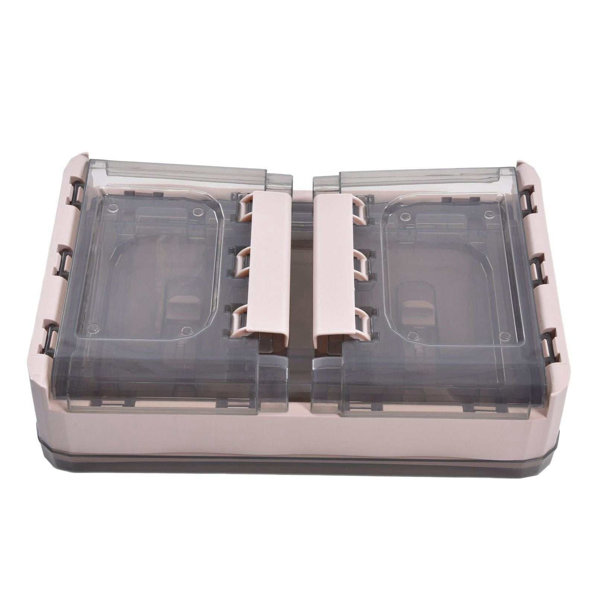 Stackable Storage Bin in pale pink PP plastic with a smoky clear top, foldable body and double-door lid panels