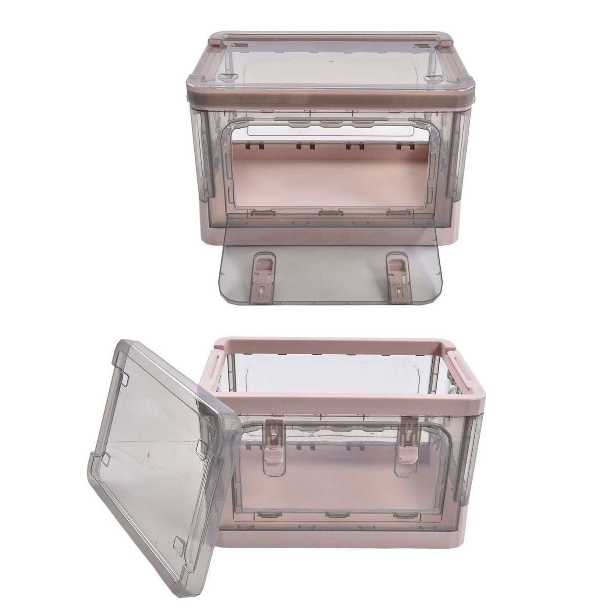 Stackable Storage Bin in blush pink PP plastic with a clear hinged lid and double-door side access panel
