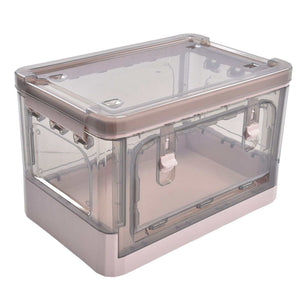 Stackable Storage Bin in translucent pink plastic with a clear lid, front and side doors, and four small wheels