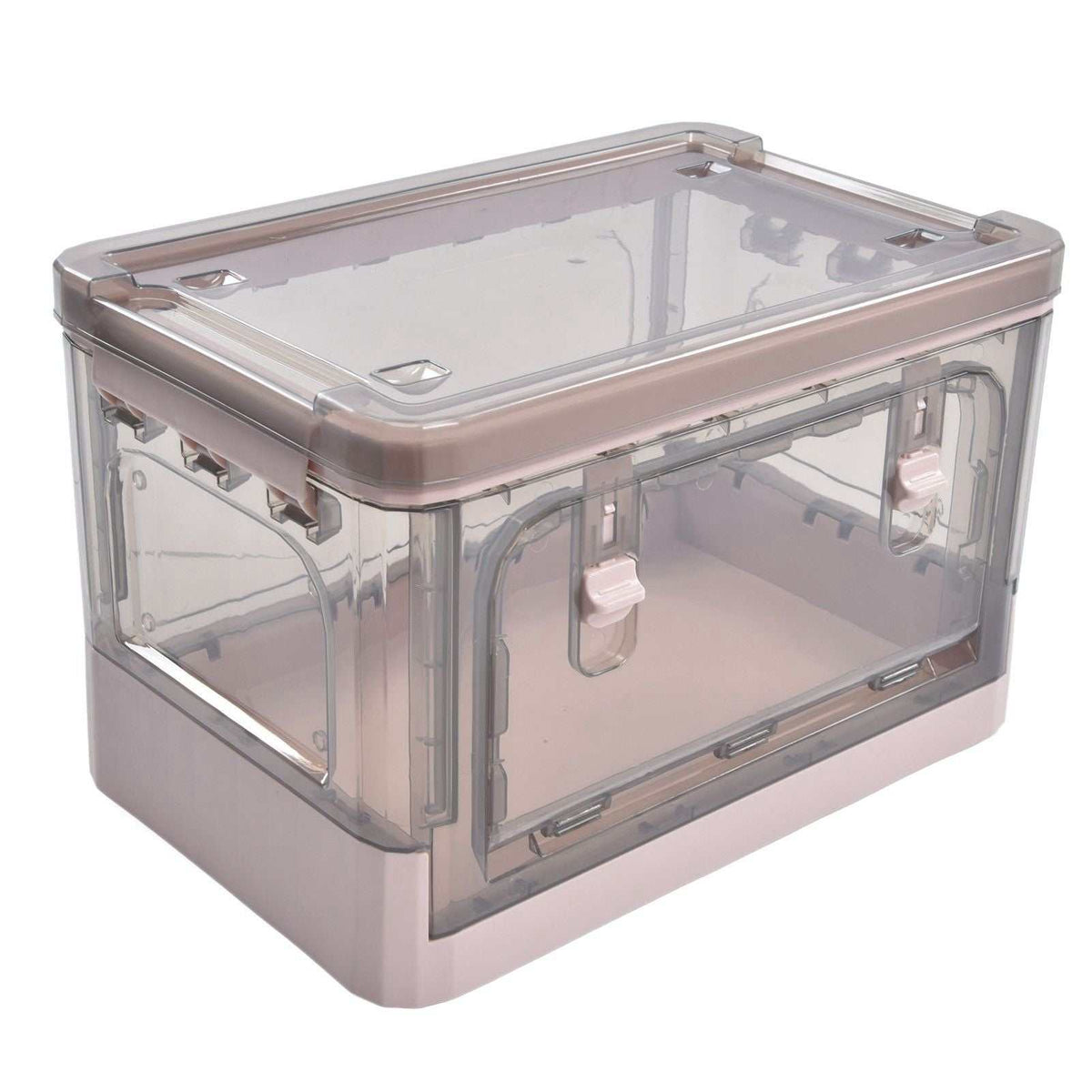 Stackable Storage Bin in translucent pink plastic with a clear lid, front and side doors, and four small wheels