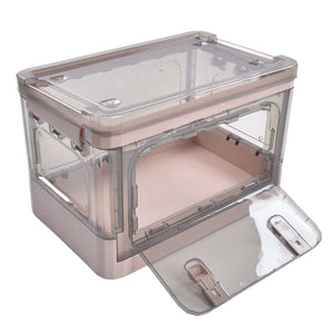 Stackable Storage Bin in pink translucent plastic with a clear lid and hinged front door, shown open for access