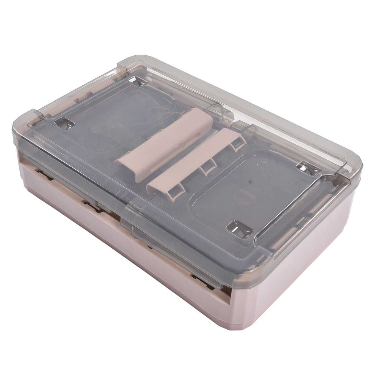 Stackable Storage Bin in pale pink plastic with a smoky clear lid and folded flat, compact rectangular design