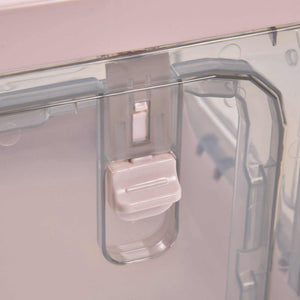 Stackable Storage Bin in translucent pink PP plastic, showing a close-up of its hinged lid latch and clear rim