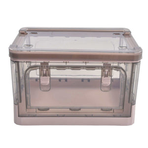Stackable Storage Bin in translucent pink plastic with a clear lid and front double doors with two visible latches