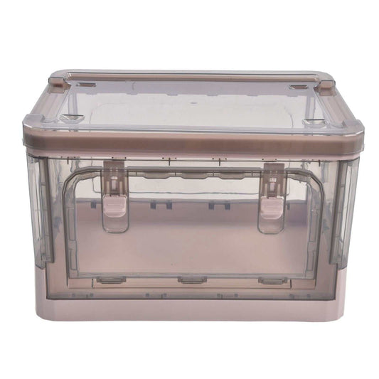 Stackable Storage Bin in translucent pink plastic with a clear lid and front double doors with two visible latches