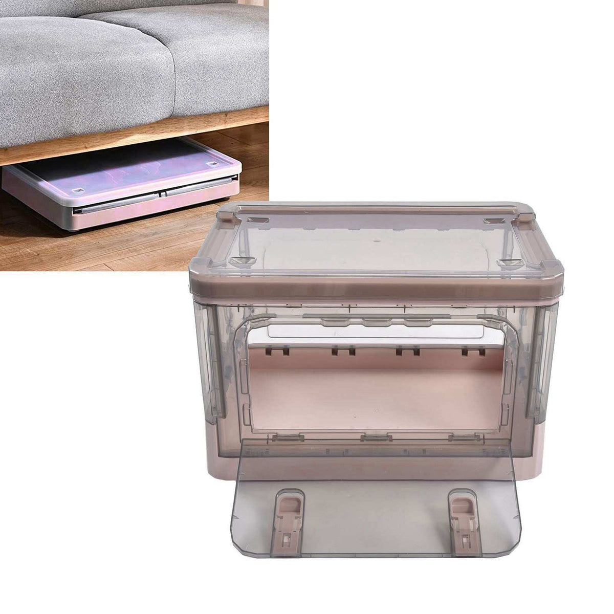 Stackable Storage Bin in translucent smoky pink plastic, with a clear lid and an open front access door