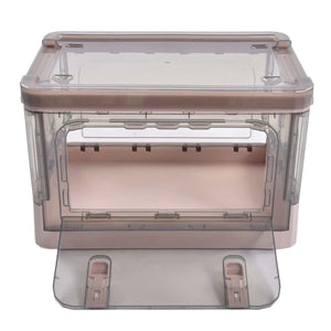 Stackable Storage Bin in translucent pink plastic with a clear lid and front drop-down access door