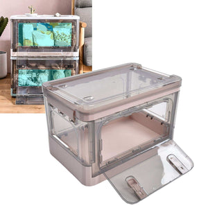 Stackable Storage Bin in translucent pink plastic with a clear lid, transparent sides, and a front-opening access door