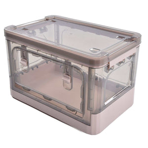 Stackable Storage Bin in translucent smoky pink plastic with a clear lid and front double-door access panels