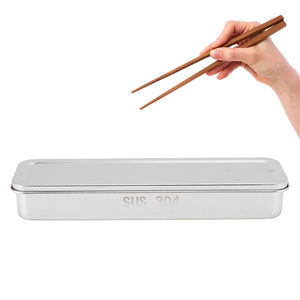 Stainless Steel Cutlery Tray in polished silver 304 steel with a slim rectangular shape, fitted lid and chopsticks