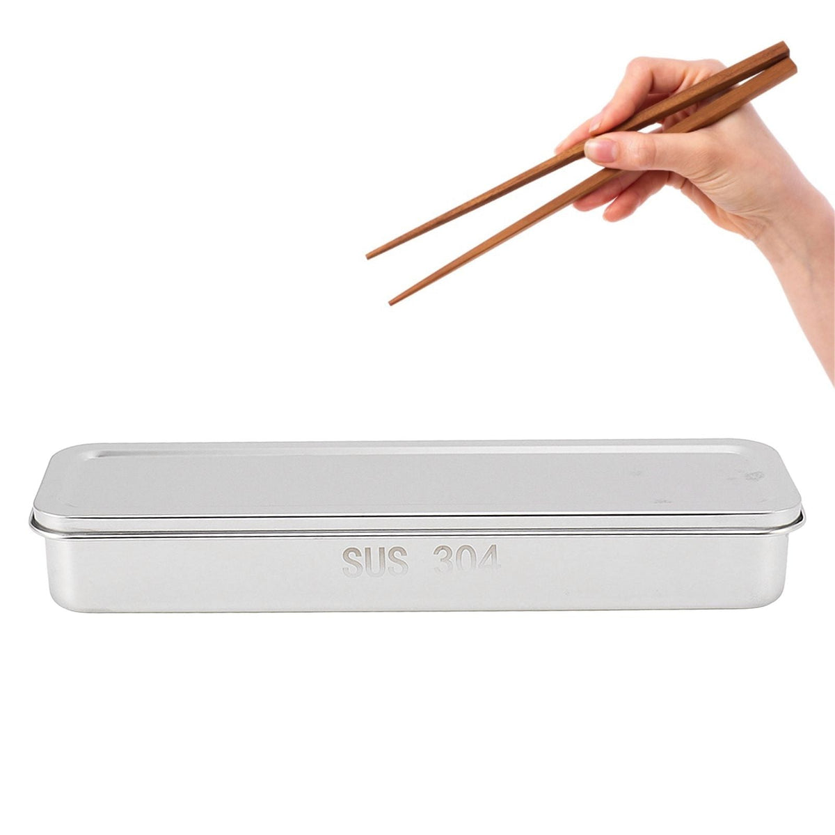 Stainless Steel Cutlery Tray in polished silver 304 steel with a slim rectangular shape, fitted lid and chopsticks