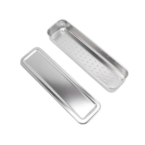 Stainless Steel Cutlery Tray in silver metal, shown with a removable lid and a perforated drainage base