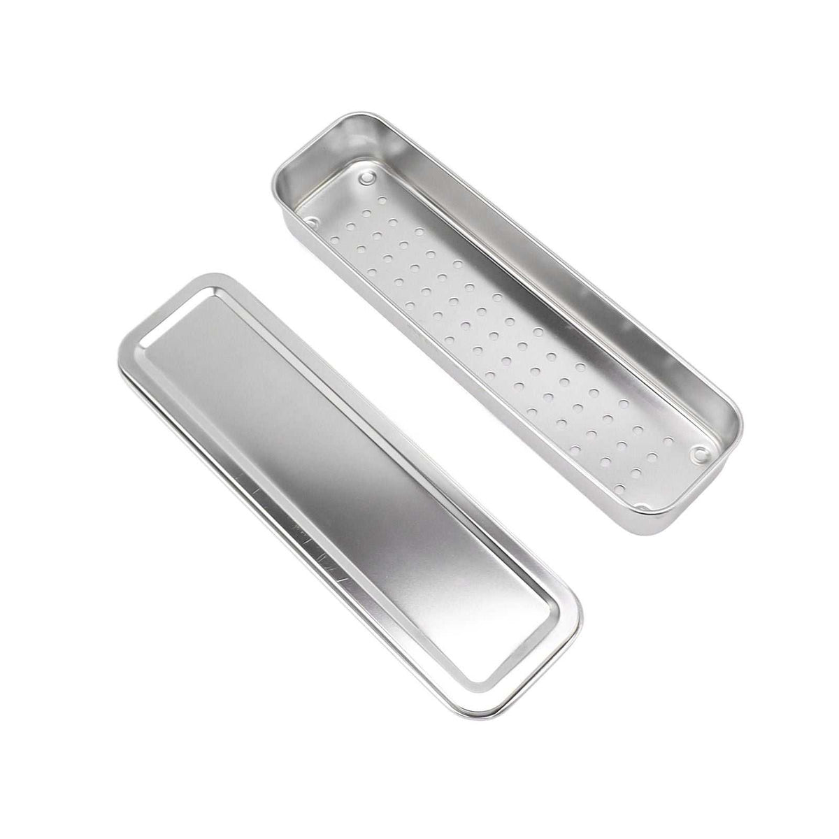 Stainless Steel Cutlery Tray in silver metal, shown with a removable lid and a perforated drainage base